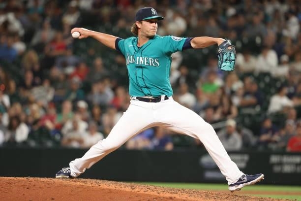 Drew Steckenrider of the Seattle Mariners pitches during the eighth inning against the Los Angeles Angels at T-Mobile Park on July 09, 2021 in...
