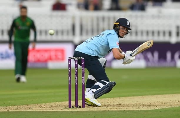 Brydon Carse of England bats during the second One Day International between England and Pakistan at Lord's Cricket Ground on July 10, 2021 in...