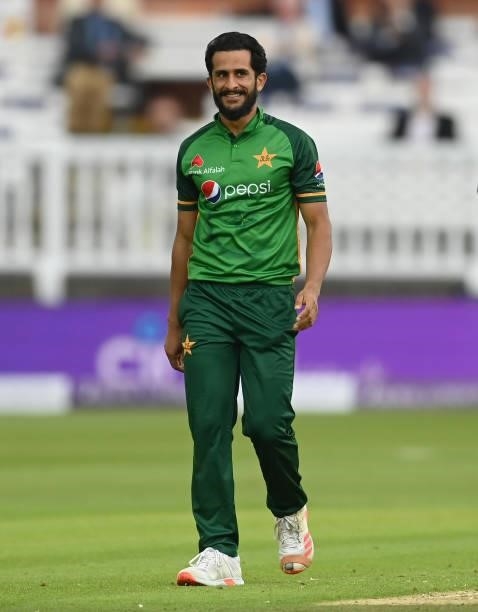 Hasan Ali of Pakistan smiles during the second One Day International between England and Pakistan at Lord's Cricket Ground on July 10, 2021 in...