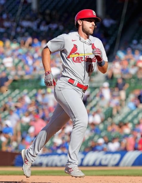 Paul DeJong of the St. Louis Cardinals runs the bases after hitting a home run in the 9th inning against the Chicago Cubs at Wrigley Field on July...
