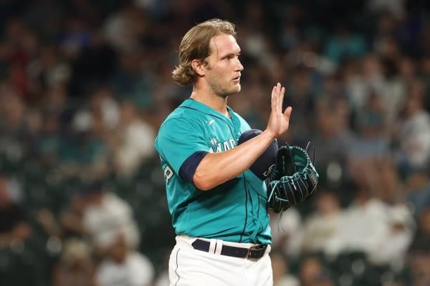 Drew Steckenrider of the Seattle Mariners reacts during the eighth inning against the Los Angeles Angels at T-Mobile Park on July 09, 2021 in...