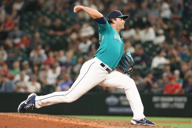 Drew Steckenrider of the Seattle Mariners pitches during the eighth inning against the Los Angeles Angels at T-Mobile Park on July 09, 2021 in...