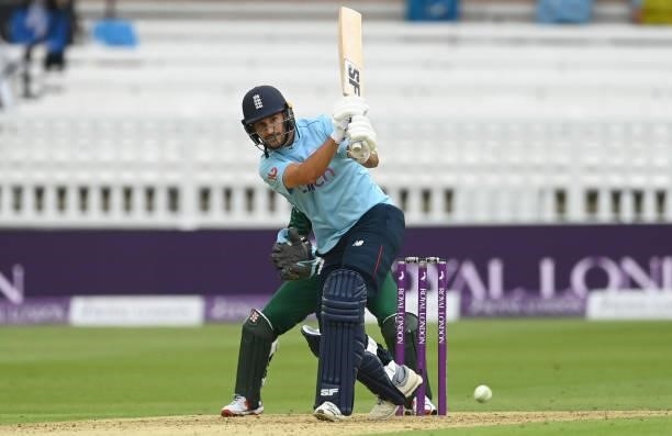 Lewis Gregory of England bats during the second One Day International between England and Pakistan at Lord's Cricket Ground on July 10, 2021 in...