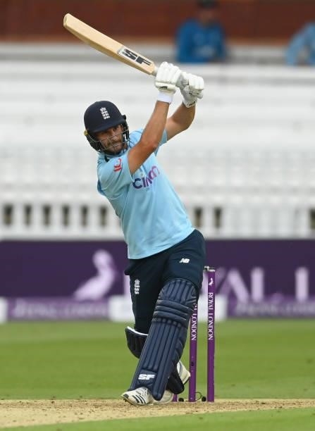Lewis Gregory of England bats during the second One Day International between England and Pakistan at Lord's Cricket Ground on July 10, 2021 in...