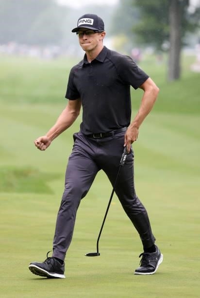 Brandon Hagy reacts to his birdie putt on the ninth hole during the third round of the John Deere Classic at TPC Deere Run on July 10, 2021 in...