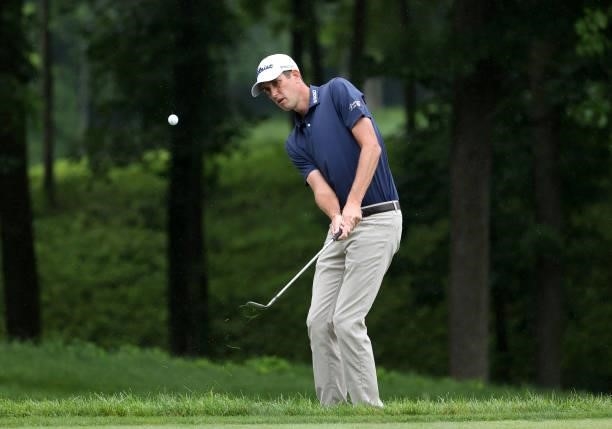 Chesson Hadley plays his fourth shot on the ninth hole during the third round of the John Deere Classic at TPC Deere Run on July 10, 2021 in Silvis,...