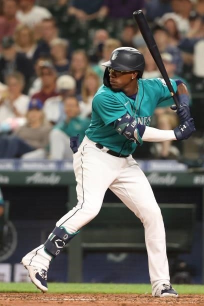Shed Long Jr. #4 of the Seattle Mariners at bat during the eighth inning against the Los Angeles Angels at T-Mobile Park on July 09, 2021 in Seattle,...