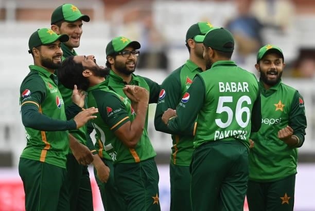 Hasan Ali of Pakistan celebrates after dismissing Craig Overton of England during the second One Day International between England and Pakistan at...