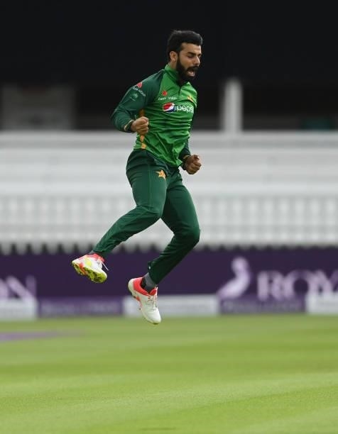 Shadab Khan of Pakistan celebrates after dismissing James Vince of England during the second One Day International between England and Pakistan at...