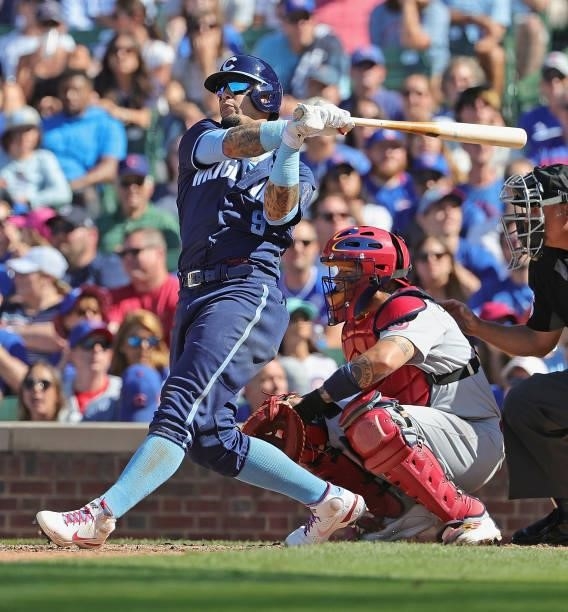 Javier Baez of the Chicago Cubs bats against the St. Louis Cardinals at Wrigley Field on July 09, 2021 in Chicago, Illinois. The Cubs defeated the...