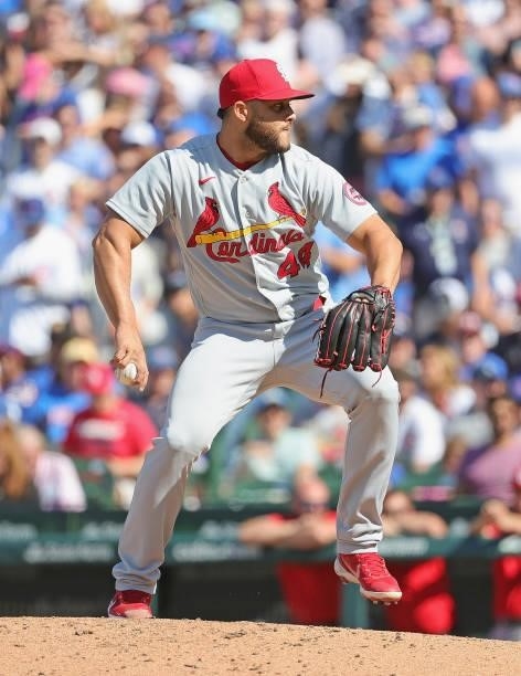 Junior Fernandez of the St. Louis Cardinals pitches against the Chicago Cubs at Wrigley Field on July 09, 2021 in Chicago, Illinois. The Cubs...