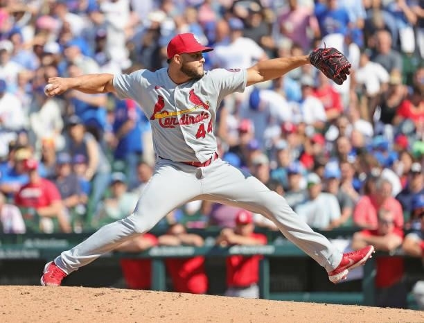Junior Fernandez of the St. Louis Cardinals pitches against the Chicago Cubs at Wrigley Field on July 09, 2021 in Chicago, Illinois. The Cubs...