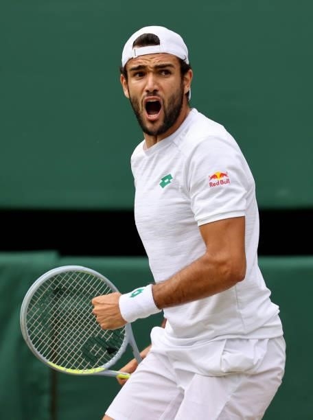 Matteo Berrettini of Italy celebrates a point in his Men's Singles Semi-Final match against Hubert Hurkacz of Poland during Day Eleven of The...