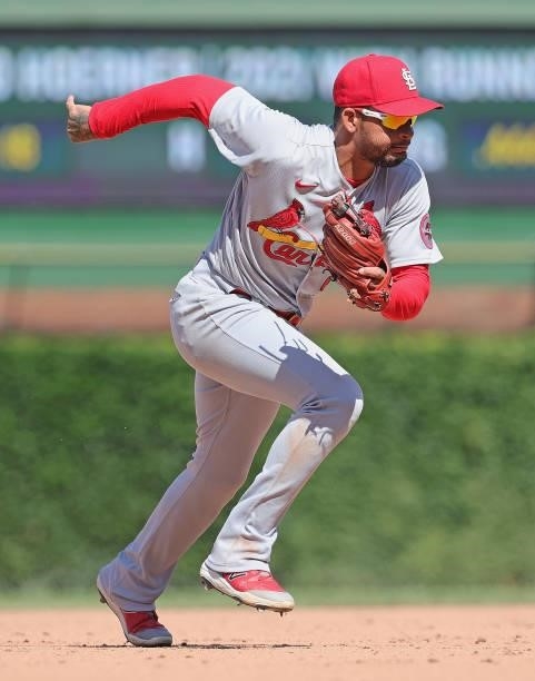 Edmundo Sosa of the St. Louis Cardinals moves to the ball against the Chicago Cubs at Wrigley Field on July 09, 2021 in Chicago, Illinois. The Cubs...