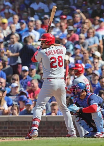 Nolan Arenado of the St. Louis Cardinals bats against the Chicago Cubs at Wrigley Field on July 09, 2021 in Chicago, Illinois. The Cubs defeated the...