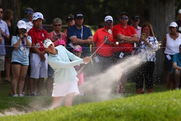 Elizabeth Szokol hits from a sand trap to the 17th green during the third round of the Marathon LPGA Classic presented by Dana at Highland Meadows...