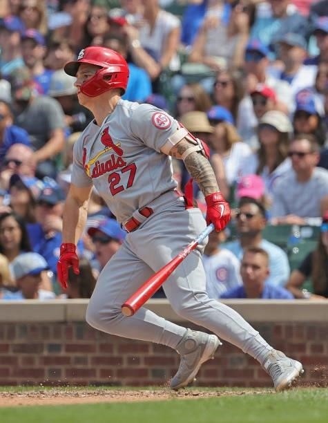 Tyler O'Neill of the St. Louis Cardinals bats against the Chicago Cubs at Wrigley Field on July 09, 2021 in Chicago, Illinois. The Cubs defeated the...