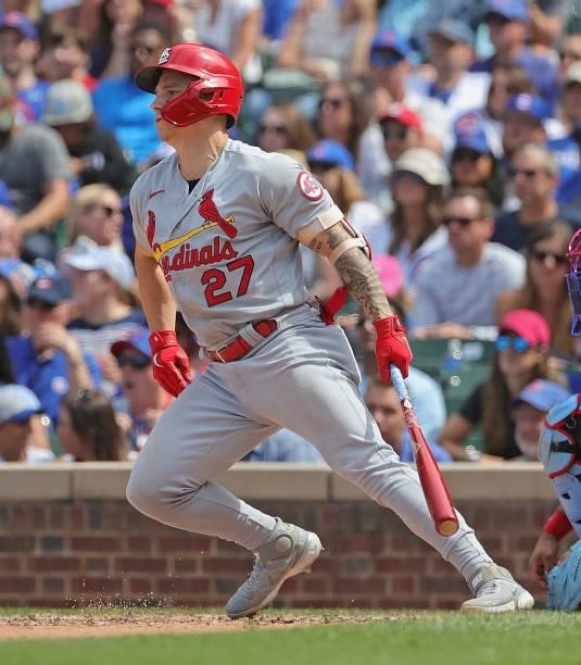 Tyler O'Neill of the St. Louis Cardinals bats against the Chicago Cubs at Wrigley Field on July 09, 2021 in Chicago, Illinois. The Cubs defeated the...