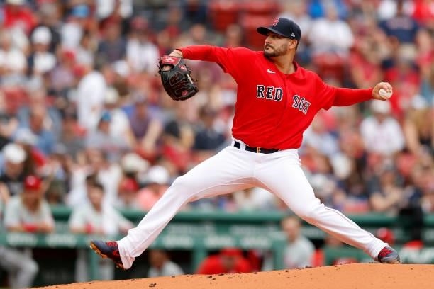 Starting pitcher Martin Perez of the Boston Red Sox throws against the Philadelphia Phillies during the first inning at Fenway Park on July 10, 2021...