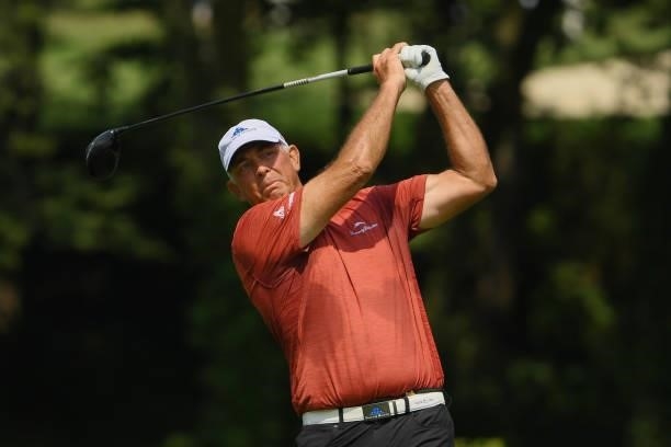 Tom Lehman plays his shot from the fourth tee during the third round of the U.S. Senior Open Championship at the Omaha Country Club on July 10, 2021...