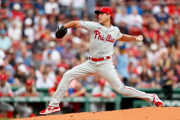 Starting pitcher Matt Moore of the Philadelphia Phillies throws against the Boston Red Sox during the first inning at Fenway Park on July 10, 2021 in...