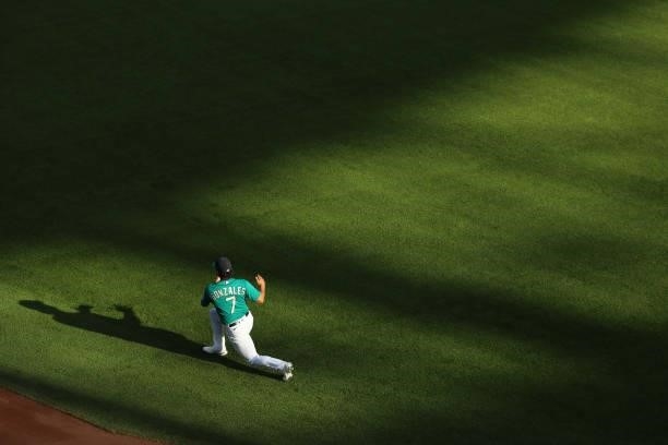 Marco Gonzales of the Seattle Mariners warms up before the game against the Los Angeles Angels at T-Mobile Park on July 09, 2021 in Seattle,...