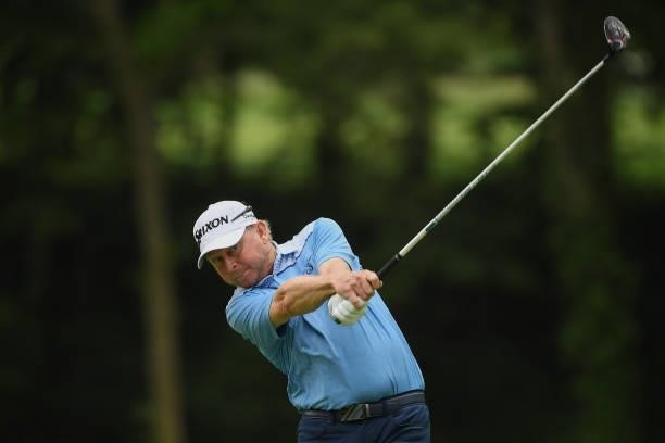 Kent Jones plays his shot from the fourth tee during the third round of the U.S. Senior Open Championship at the Omaha Country Club on July 10, 2021...