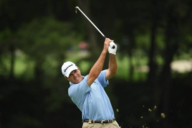 Ted Tryba plays his shot from the fourth tee during the third round of the U.S. Senior Open Championship at the Omaha Country Club on July 10, 2021...