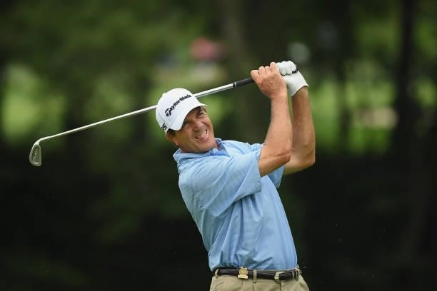 Ted Tryba plays his shot from the fourth tee during the third round of the U.S. Senior Open Championship at the Omaha Country Club on July 10, 2021...