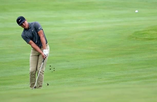 Cameron Champ plays his fourth shot on the 17th hole during the third round of the John Deere Classic at TPC Deere Run on July 10, 2021 in Silvis,...