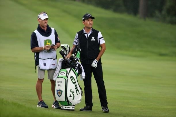 Kevin Na prepares to play his third shot on the 15th hole during the third round of the John Deere Classic at TPC Deere Run on July 10, 2021 in...
