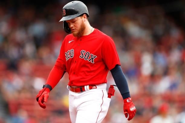 Alex Verdugo of the Boston Red Sox looks on during the first inning against the Philadelphia Phillies at Fenway Park on July 10, 2021 in Boston,...