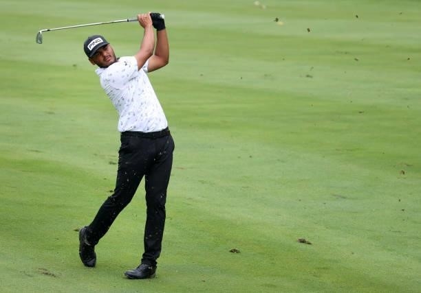 Sebastian Munoz of Colombia plays his second shot on the 15th hole during the third round of the John Deere Classic at TPC Deere Run on July 10, 2021...