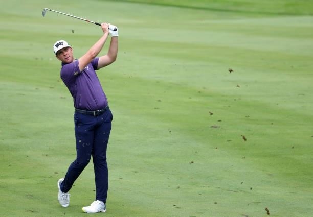 Luke List plays his second shot on the 15th hole during the third round of the John Deere Classic at TPC Deere Run on July 10, 2021 in Silvis,...
