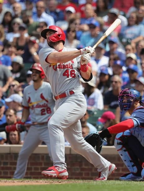 Paul Goldschmidt of the St. Louis Cardinals bats against the Chicago Cubs at Wrigley Field on July 09, 2021 in Chicago, Illinois. The Cubs defeated...
