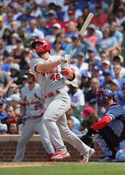 Paul Goldschmidt of the St. Louis Cardinals bats against the Chicago Cubs at Wrigley Field on July 09, 2021 in Chicago, Illinois. The Cubs defeated...