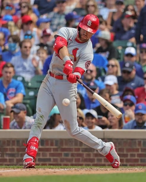 Dylan Carlson of the St. Louis Cardinals bats against the Chicago Cubs at Wrigley Field on July 09, 2021 in Chicago, Illinois. The Cubs defeated the...