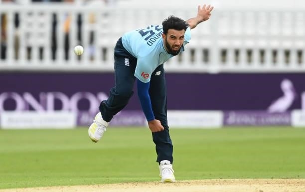 Saqib Mahmood of England bowls during the second One Day International between England and Pakistan at Lord's Cricket Ground on July 10, 2021 in...