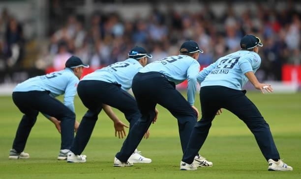 Will Jacks, Craig Overton, Zac Crawley and Dawid Malan in the slips during the second One Day International between England and Pakistan at Lord's...