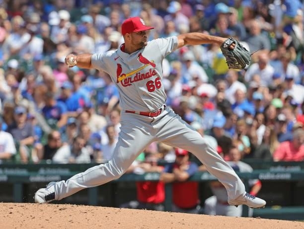 Luis Garcia of the St. Louis Cardinals pitches against the Chicago Cubs at Wrigley Field on July 09, 2021 in Chicago, Illinois. The Cubs defeated the...