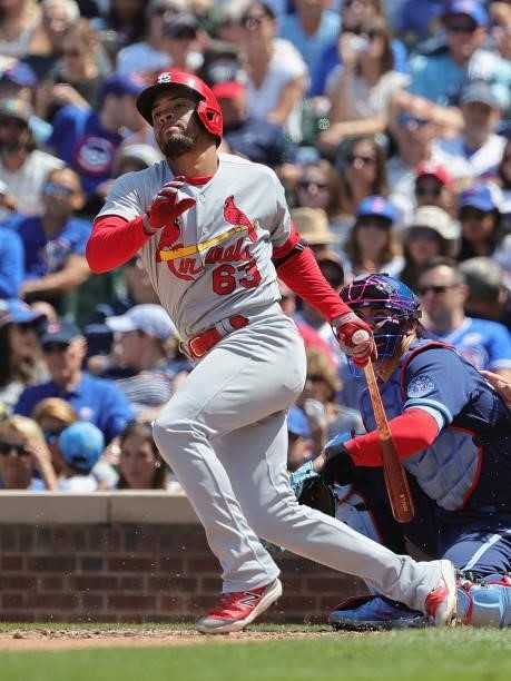 Edmundo Sosa of the St. Louis Cardinals bats against the Chicago Cubs at Wrigley Field on July 09, 2021 in Chicago, Illinois. The Cubs defeated the...