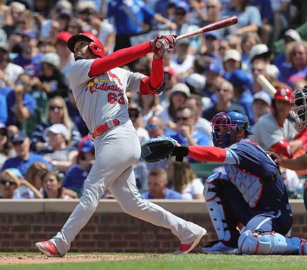 Edmundo Sosa of the St. Louis Cardinals bats against the Chicago Cubs at Wrigley Field on July 09, 2021 in Chicago, Illinois. The Cubs defeated the...