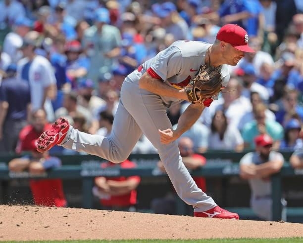 Starting pitcher Wade LeBlanc of the St. Louis Cardinals delivers the ball against the Chicago Cubs at Wrigley Field on July 09, 2021 in Chicago,...