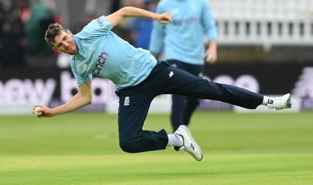 Craig Overton of England fields during the second One Day International between England and Pakistan at Lord's Cricket Ground on July 10, 2021 in...