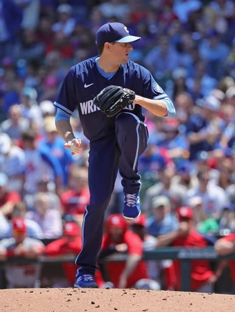 Kyle Hendricks of the Chicago Cubs delivers the ball against the St. Louis Cardinals at Wrigley Field on July 09, 2021 in Chicago, Illinois. The Cubs...