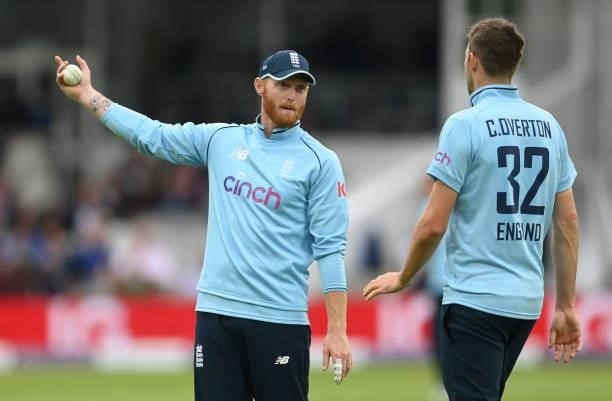 Ben Stokes and Craig Overton of England talk during the second One Day International between England and Pakistan at Lord's Cricket Ground on July...