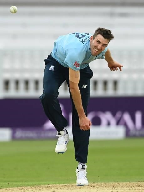 Craig Overton of England bowls during the second One Day International between England and Pakistan at Lord's Cricket Ground on July 10, 2021 in...