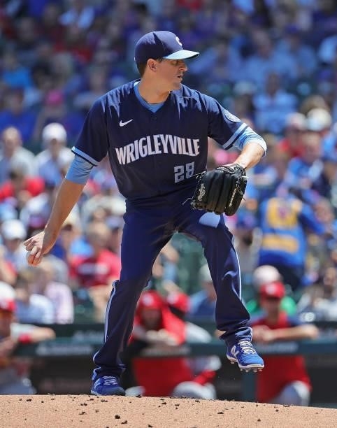 Starting pitcher Kyle Hendricks of the Chicago Cubs delivers the ball against the St. Louis Cardinals at Wrigley Field on July 09, 2021 in Chicago,...