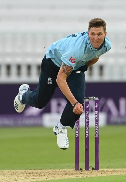 Brydon Carse of England bowls during the second One Day International between England and Pakistan at Lord's Cricket Ground on July 10, 2021 in...
