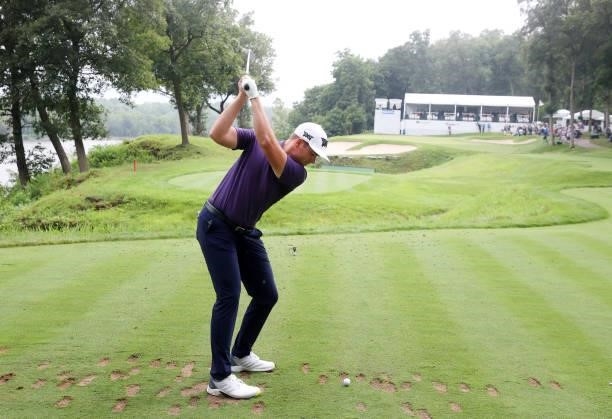 Luke List plays his shot from the 16th tee during the third round of the John Deere Classic at TPC Deere Run on July 10, 2021 in Silvis, Illinois.